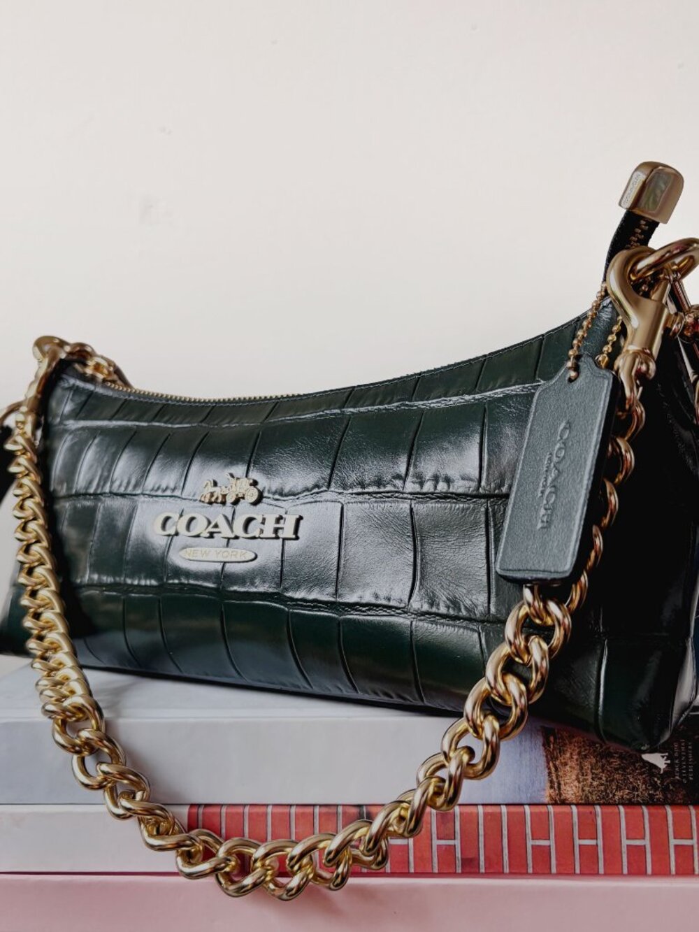 Coach Charlotte Shoulder Bag Dark Green Croc Embossed Leather Gold Chain LikeNew - Picture 4 of 8